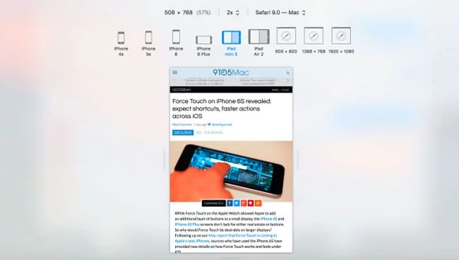 Safari 9 incluye un modo para comprobar como se verían webs a pantalla dividida en iPad Mini 3