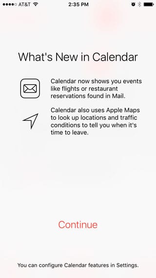 Pantalla bienvenida al Calendario de iOS 9