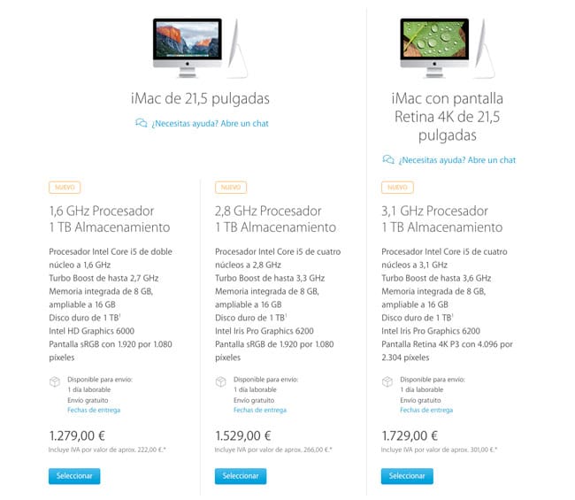 Configuraciones y precios iMac de 21,5 pulgadas Nuevos iMac Retina de 21,5 pulgadas