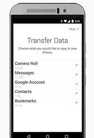 Seleccionar datos a pasar desde Android a iPhone, iPad o iPod Touch Seleccionar datos a transferir de Android a iPhone