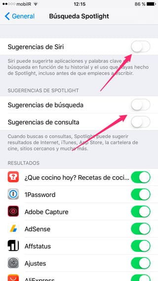 Desactivar sugerencias Siri