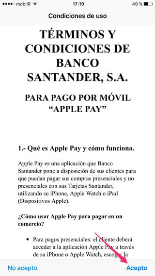 Aceptar términos y condiciones de Apple Pay