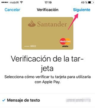 Validar tarjeta por SMS