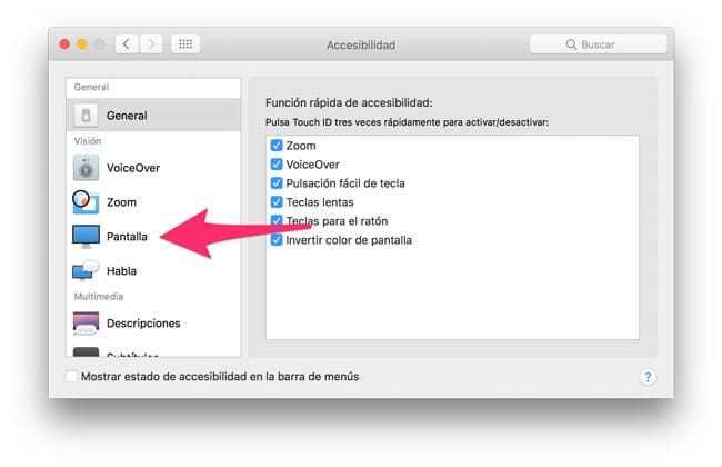 Accesibilidad de pantalla Mac