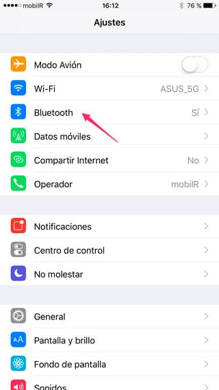 Ajustes de Bluetooth en iPhone