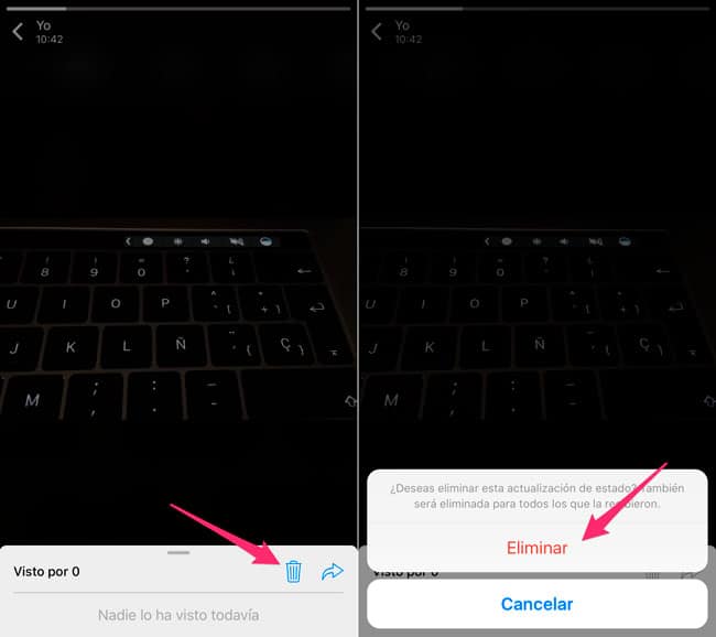 Confirmar eliminación estado WhatsApp