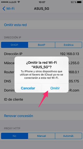 Confirmar Omitir red WiFi