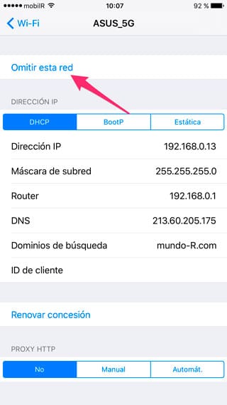 Omitir red WiFi en iOS