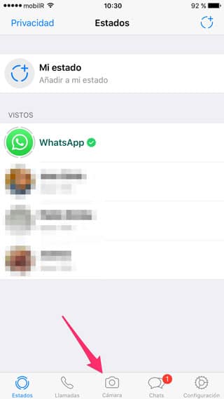 Pestaña cámara en WhatsApp