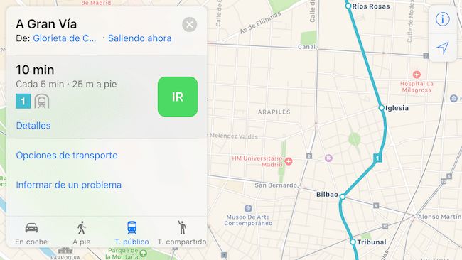 Peta Apple sudah menunjukkan informasi transportasi umum untuk Madrid