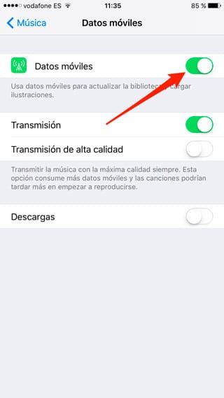 Desactivar datos móviles en Apple Music