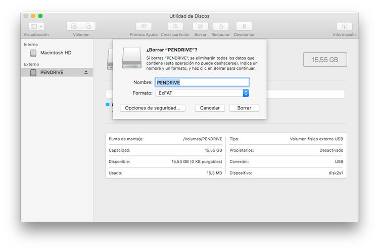 Borrar pendrive con Utilidad de discos en Mac