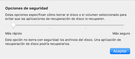 Opciones de seguridad de Utilidad de discos