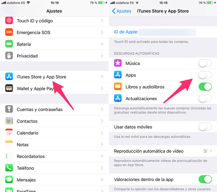 Desactivar las descargas automáticas de apps en iOS
