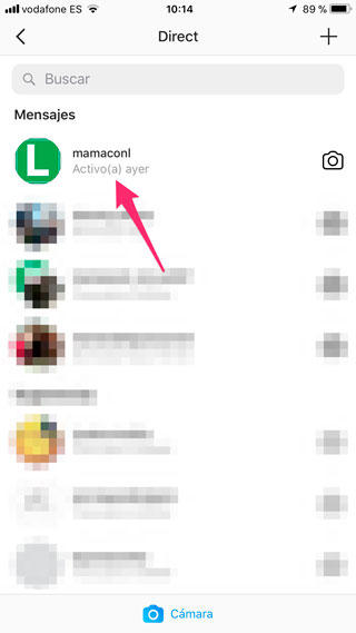 Última hora de conexión en Instagram