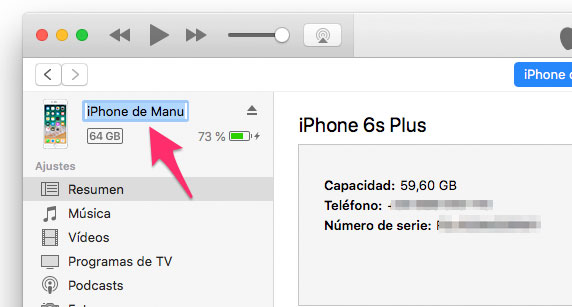 Cambiar nombre a iPhone desde iTunes