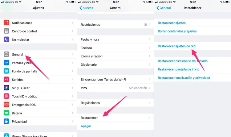 Restablecer Ajustes de Red en iOS para limpiar caché DNS