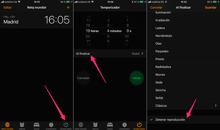 Temporizador con detención de reproducción en iPhone y iPad