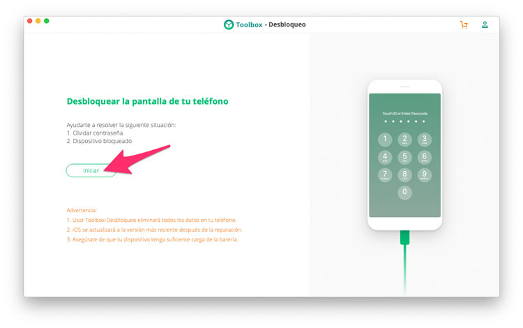 Iniciar desbloqueo iPhone