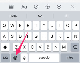 Menú de cambio de idioma de teclado de iOS