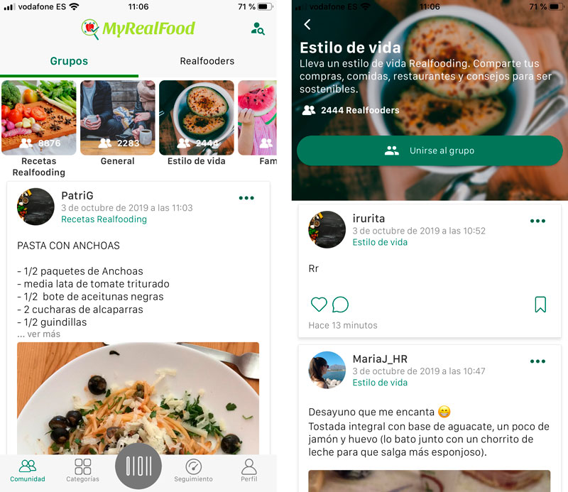 Comunidad de la app MyRealFood