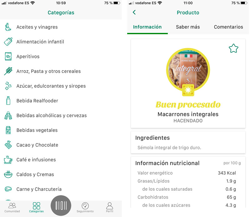 Información de producto en la app MyRealFood de Carlos Ríos