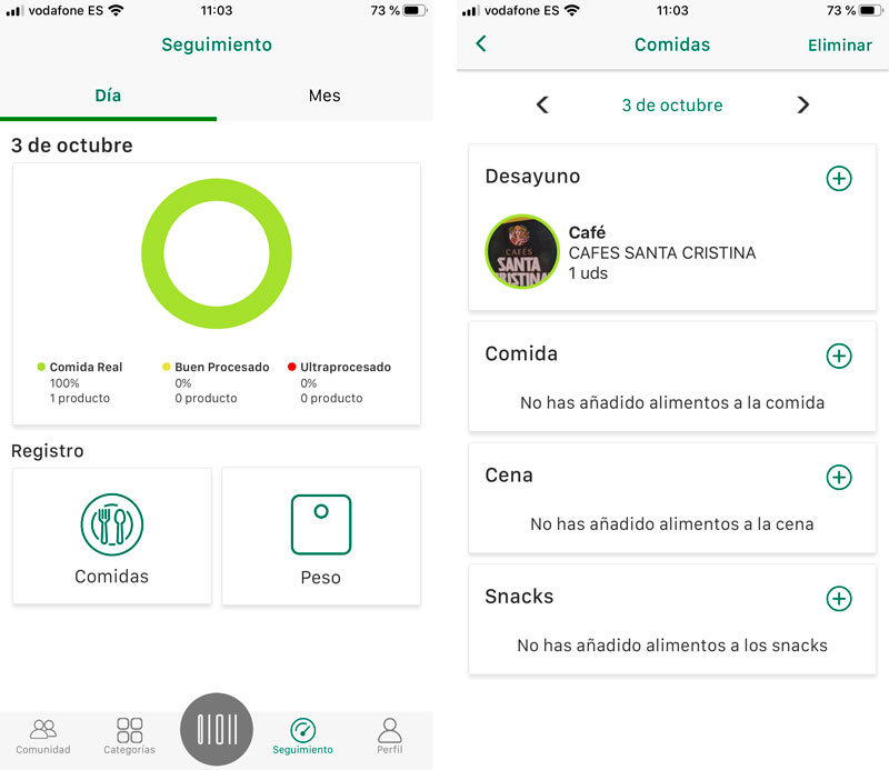 Seguimiento de comidas en la app del Realfooding