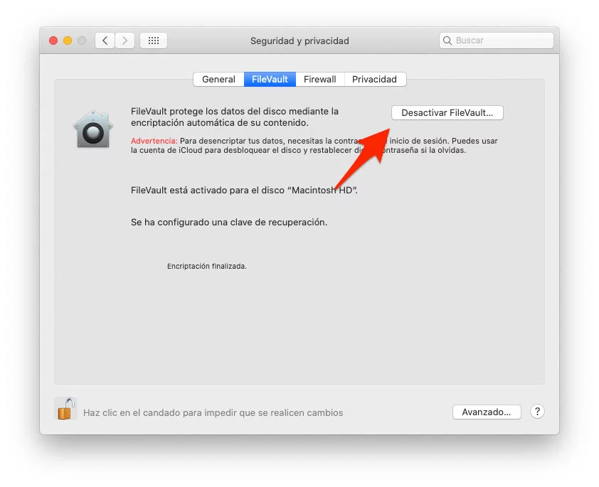 Desactivar encriptación de disco FileVault de macOS
