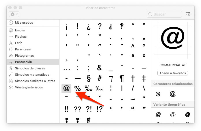 Insertar símbolo arroba desde el Visor