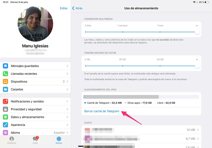 Limpiar caché de Telegram en iPad