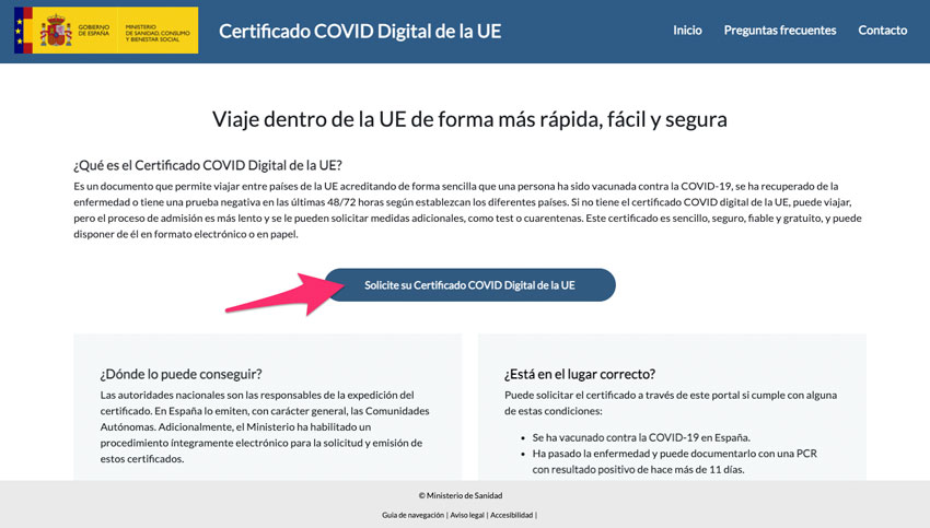 Web del Ministerio de Sanidad para solicitar el certificado COVID digital