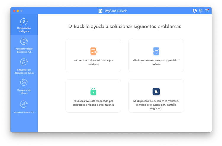 Interfaz principal de D-Back de iMyFone