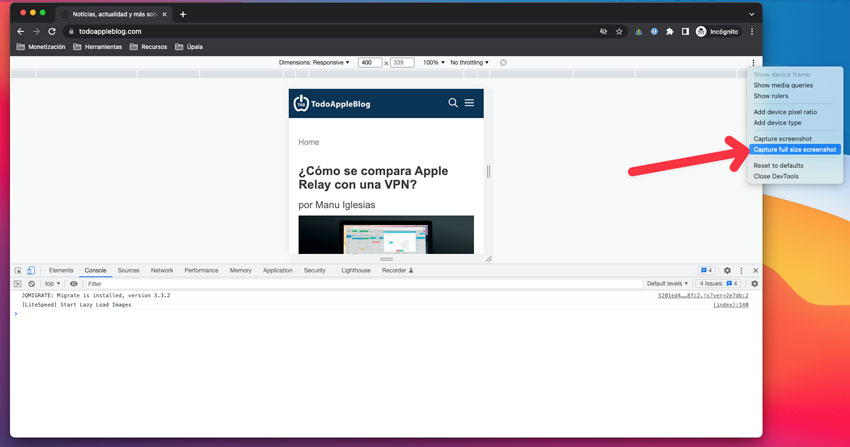 Capturar página web completa en Chrome para Mac