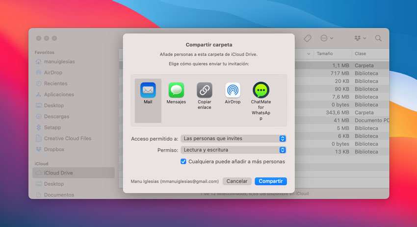 Opciones de compartir de iCloud Drive